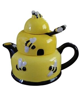 Houston Harvest 3 Piece Honey Bee Tea Stacked  Ceramic Teapot  Set